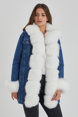 Denim Long Coat - Front, sleeve and collars fox fur