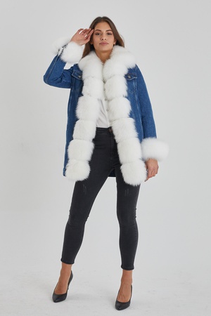 Denim Long Coat - Front, sleeve and collars fox fur