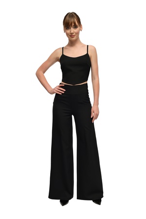 Черные брюки палаццо с высокой талией и кружевом