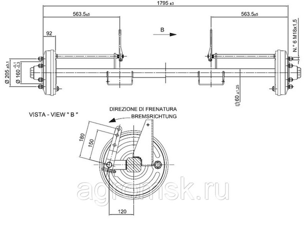 Ось тракторного прицепа ADR тормозная