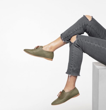 Genuine Leather, Khaki, Laced, Oxford, Casua,l Handmade, Women Shoes