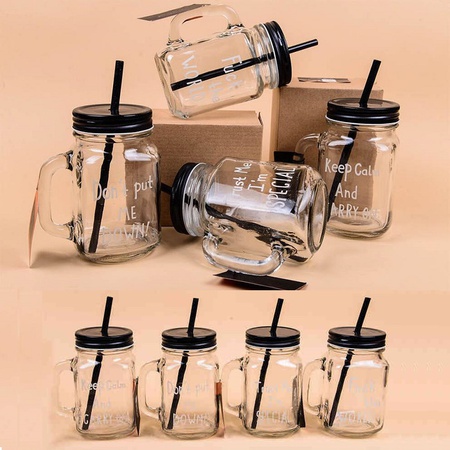 Кружка с трубочкой и крышкой в виде стеклянной банки с ручкой