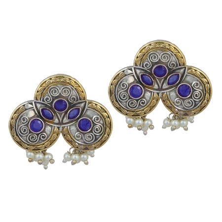 MAVİ TAŞ VE İNCİ İLE GÜMÜŞ OKSİTLENMİŞ EL YAPIMI