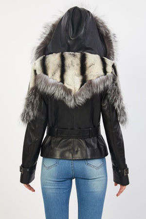 Women Genuine Leather Jacket with Silver Fox Hood - Front, Back and Shoulder Rex Fur Detail  - Slim Fi