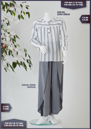 Uzun Kol Çizgili Kız Gömlek / Bağcıklı Viskon Pantolon