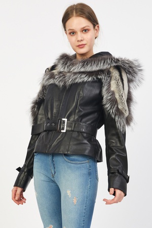 Women Genuine Leather Jacket with Silver Fox Hood - Front, Back and Shoulder Rex Fur Detail  - Slim Fi