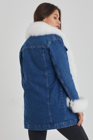 Denim Long Coat - Front, sleeve and collars fox fur