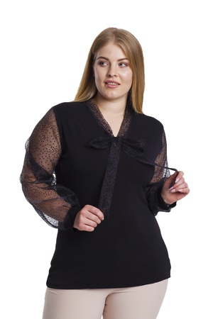 Плюс размер галстук воротник органза блузка