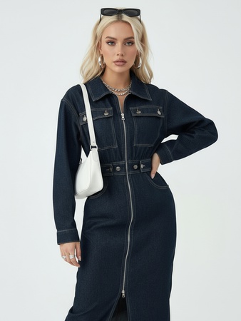 Платье женское джинсовое с длинным рукавом