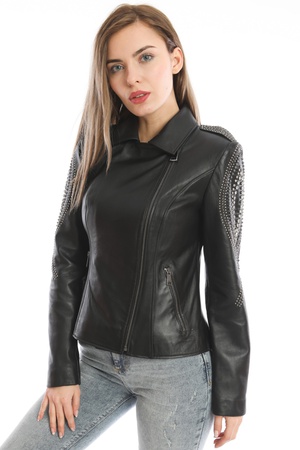 Arms Studded Women Leather Jacket (Slim Fit)