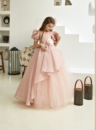 Длинное Розовое Платье с Аксессуаром в Виде Цветка Stok Kod: PXN 22032