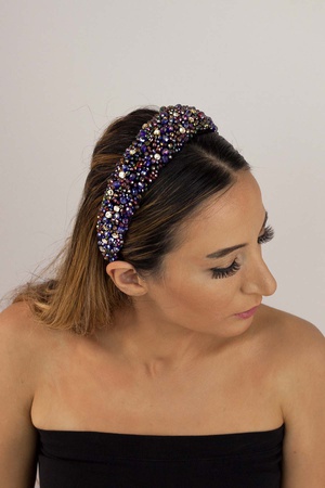 Bijusel Elişlemesi Kristal Parlak Boncuklu Karışık Renkli Kadife Taç