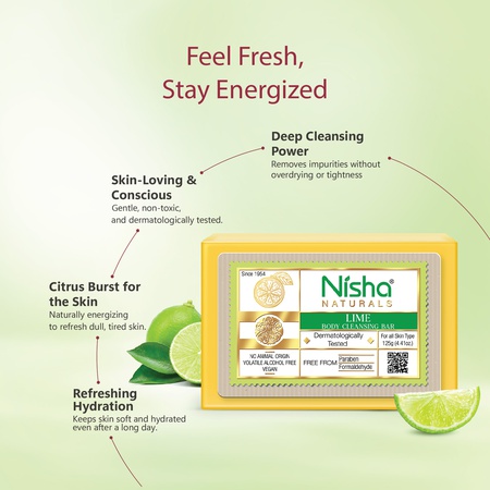 Nisha Lime Body Cleansing Soap Bar 125g – Paraben Free, Vegan, Gentle Cleanse for Soft & Supple Skin, Suitable for All Skin Types, Men & Women