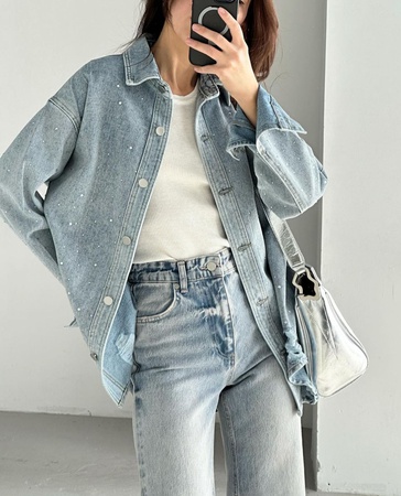 Taşlı denim gömlek
