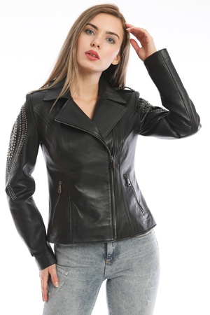 Arms Studded Women Leather Jacket (Slim Fit)