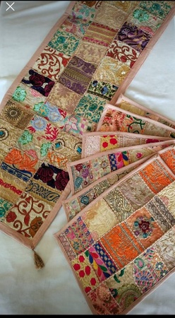 Индийский бегунок для стола, декор для комнаты, ткань Khambadiya, вышитый лоскутный хлопковый обеденный стол, многоцветный, ручной работы, декоративный настольный бегунок и коврики, набор 6