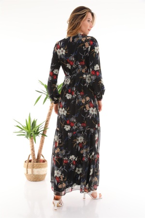 Женское черное длинное платье с цветочным узором и воротником-стойкой