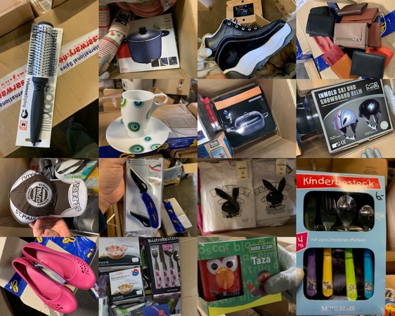 Смешанные поддоны с текстилем, сумками и обувью, детскими игрушками, инструментами, кухонной техникой и т. п.