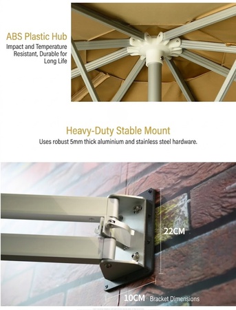 Wall-Mounted Crank Patio Umbrella – 8ft 210T UV Fabric, 8K Aluminum – Space-Saving