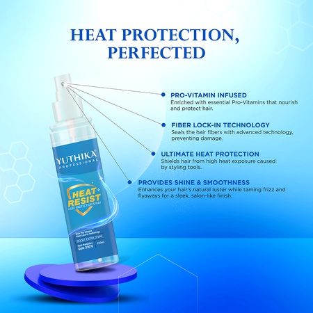 Yuthika Professional Heat Protection Spray 150ml With Pro-Vitamin B5 & Fiber | Heat Protection up to 230°C | Extra Shine Hair Spray Mist For Women & Men | Ideal For Styling, Curling & Straightening