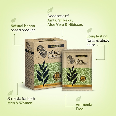 Nisha Naturemate Natural Henna-Based Hair Color 60g - Original Black | Ammonia-Free, Henna Herbs for Healthy Hair