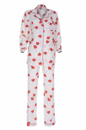 TENCEL - BİYELİ BAYAN PİJAMA TAKIM -BEYAZ GELİNCİKLİ