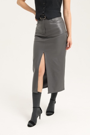 Кожаная юбка миди