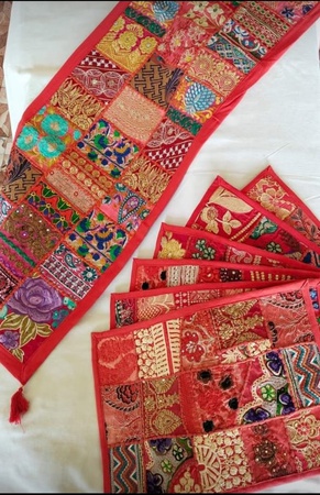 Индийский бегунок для стола, декор для комнаты, ткань Khambadiya, вышитый лоскутный хлопковый обеденный стол, многоцветный, ручной работы, декоративный настольный бегунок и коврики, набор 6