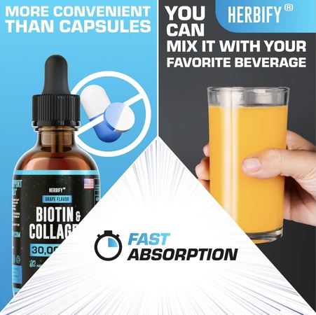 Капли с коллагеном и биотином — быстрое усвоение, способствующее росту волос и укреплению ногтей — витамины для волос, кожи и ногтей для женщин и мужчин — добавка B7 — сделано в США