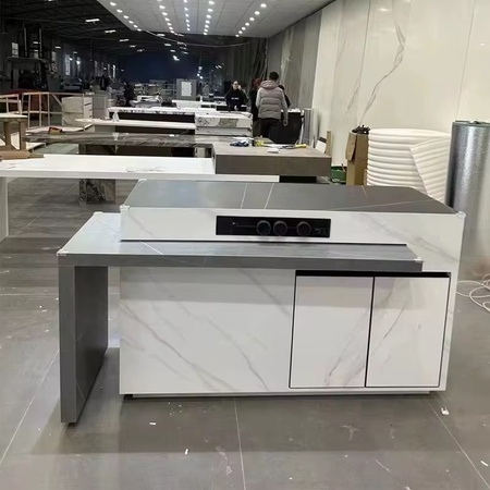 Kitchen island with pull-out table and storage drawers