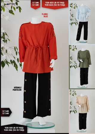 Flamlı Kız Çocuk Bluz / Düğmeli Pantolon