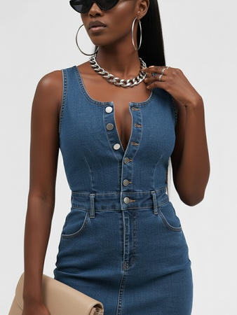 Джинсовое платье сарафан на кнопках миди