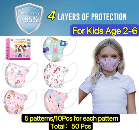 50Pcs Cartoon 3D Kids Girls BFE 95% Protective 4 Layer Pink Face Mask Disposable