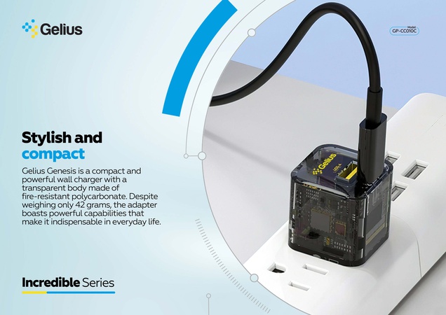 Duvar şarj cihazı Gelius Incredible Series Genesis USB + Type-C 30W GaN Şeffaf Siyah