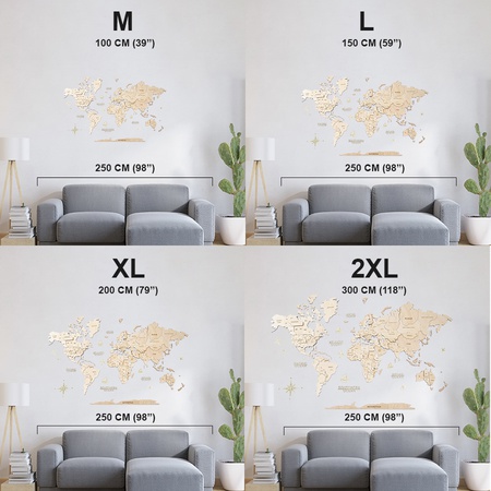 3D hacimsel ahşap dünya haritası, Boyut XL (200*120) DOĞAL