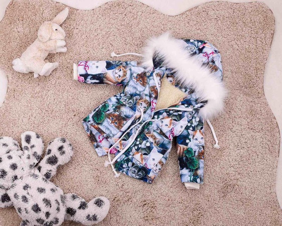 Детская зимняя куртка с рисунком котов для девочки 80-146 р