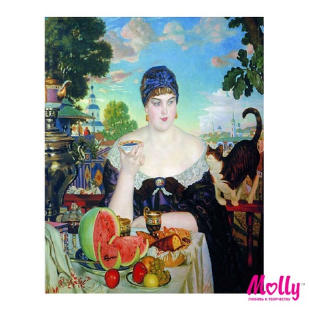 Sayılarla resim Kustodiev. Tüccarın karısı çayda