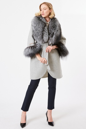 Двустороннее кашемировое пальто / воротник и манжеты Пальто из лисьего меха - свободный крой