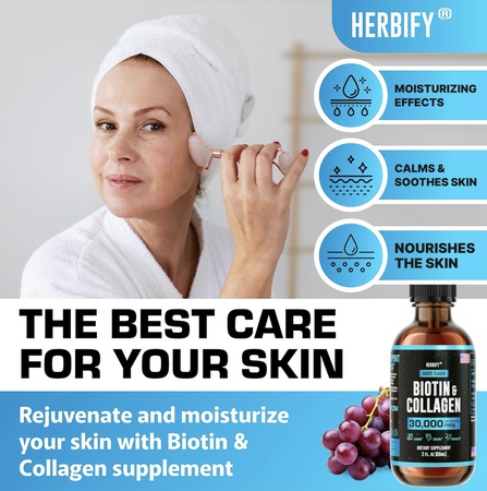 Капли с коллагеном и биотином — быстрое усвоение, способствующее росту волос и укреплению ногтей — витамины для волос, кожи и ногтей для женщин и мужчин — добавка B7 — сделано в США