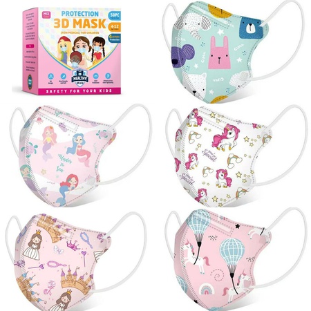50Pcs Cartoon 3D Kids Girls BFE 95% Protective 4 Layer Pink Face Mask Disposable
