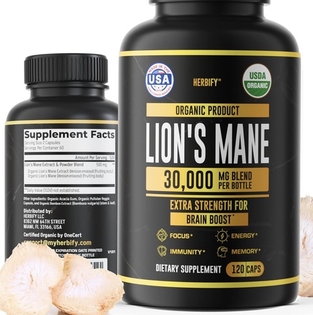 Добавка «Львиная грива» — ежедневная добавка с грибами для памяти, концентрации и ясности мышления — стимулятор работы мозга — капсулы «Львиная грива» для естественной поддержки иммунитета — веганский, органический — 120 капсул