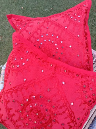 Red Cotton Rajasthani Mirror and Embroidery Work Cushion Cover handmade cushion cover sofa set cushion cover 2 Pieces Set