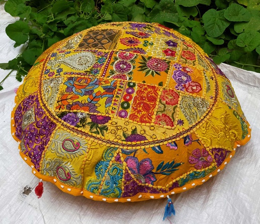 Patchwork Büyük Yer Minderi Yuvarlak Yastık Kılıfı Bohem Osmanlı Puf Ev Dekoratif Yer Yastığı Dekoratif Sarı Meditasyon Minderleri