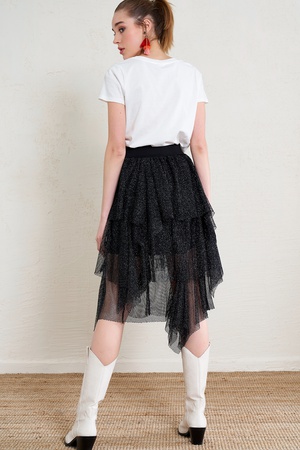 Pleated Asymmetric Cut Tulle Skirt