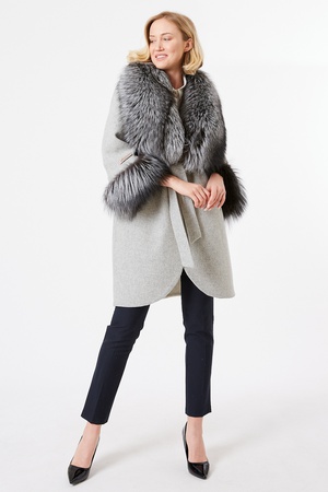 Двустороннее кашемировое пальто / воротник и манжеты Пальто из лисьего меха - свободный крой