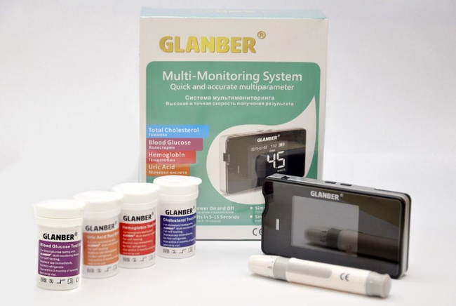 Мульти-мониторинговый измеритель крови 4 в 1 GLANBER. Глюкоза. Холестерин. Гемоглобин. мочевая кислота. Тест-полоски, ланцеты. Оптом, 2b2-trade