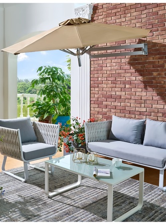 Wall-Mounted Crank Patio Umbrella – 8ft 210T UV Fabric, 8K Aluminum – Space-Saving