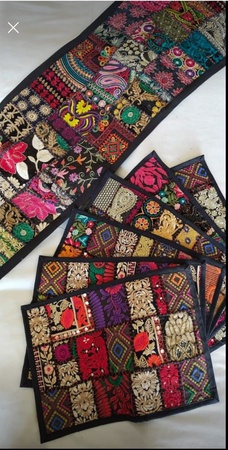 Индийский бегунок для стола, декор для комнаты, ткань Khambadiya, вышитый лоскутный хлопковый обеденный стол, многоцветный, ручной работы, декоративный настольный бегунок и коврики, набор 6