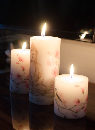 Aura Decor Set из 3-х столбовых спа-свечей с изображением Будды и птицами (3 * 3, 3 * 4, 3 * 6 дюймов)