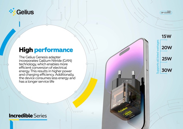 Duvar şarj cihazı Gelius Incredible Series Genesis USB + Type-C 30W GaN Şeffaf Siyah